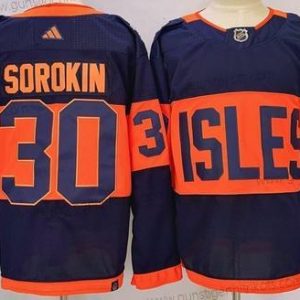 Herren New York Islanders #30 Ilya Sorokin 2024 With Stadium Series Patch Strickerei Trikots – Marineblau