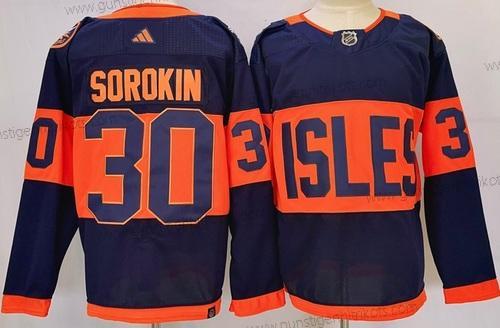 Herren New York Islanders #30 Ilya Sorokin 2024 With Stadium Series Patch Strickerei Trikots – Marineblau