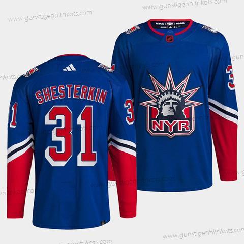 Herren New York Rangers #31 Igor Shesterkin 2022 Rückseite Retro Strickerei Trikots – Blau