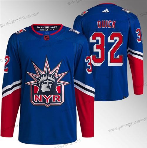 Herren New York Rangers #32 Jonathan Quick Rückseite Retro Strickerei Trikots – Blau