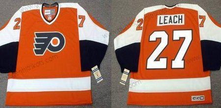 Herren Philadelphia Flyers #27 Reggie Leach 1974 CCM Vintage Auswärtstrikots Hockey Trikots – Orange Weiß Schwarz