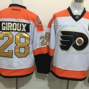 Herren Philadelphia Flyers #28 Claude Giroux 50Th Jahrestag Strickerei NHL Reebok Hockey Trikots – Weiß Gold