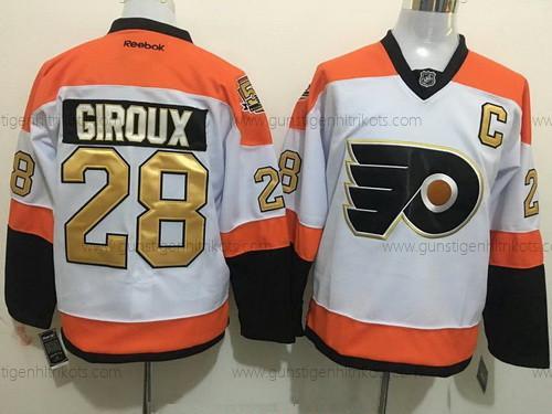 Herren Philadelphia Flyers #28 Claude Giroux 50Th Jahrestag Strickerei NHL Reebok Hockey Trikots – Weiß Gold