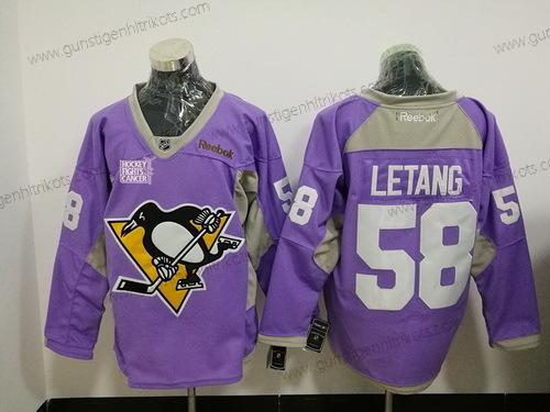 Herren Pittsburgh Penguins #58 Kris Letang Hockey Bekämpft Krebs Praxis Strickerei NHL Reebok Hockey Trikots – Lila Rosa