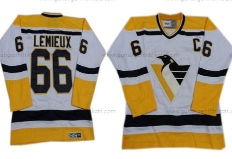 Herren Pittsburgh Penguins #66 Mario Lemieux 1993 With Retro CCM Trikots – Weiß Gelb