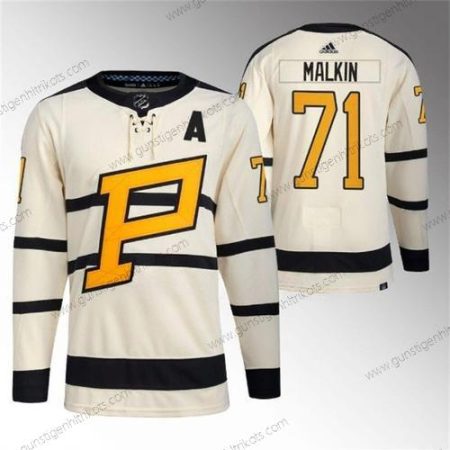 Herren Pittsburgh Penguins #71 Evgeni Malkin 2023 Winter Klassisch Strickerei Trikots – Creme