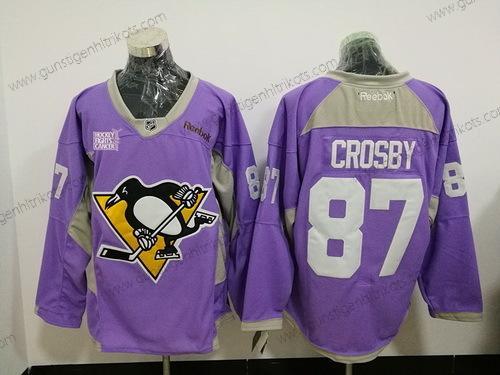 Herren Pittsburgh Penguins #87 Sidney Crosby Hockey Bekämpft Krebs Praxis Strickerei NHL Reebok Hockey Trikots – Lila Rosa