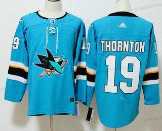 Herren San Jose Sharks #19 Joe Thornton 2017-2018 Hockey Strickerei NHL Trikots – Blaugrün Blau