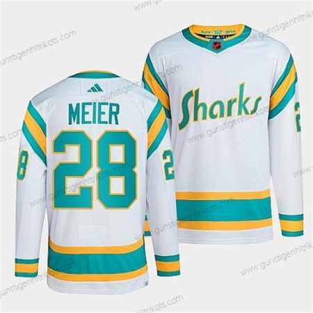 Herren San Jose Sharks #28 Timo Meier 2022 Rückseite Retro Strickerei Trikots – Weiß