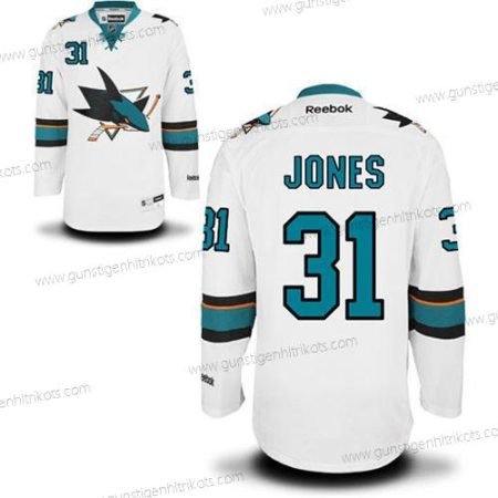 Herren San Jose Sharks #31 Martin Jones Premier Auswärtstrikots Trikots – Weiß