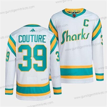 Herren San Jose Sharks #39 Logan Couture 2022 Rückseite Retro Strickerei Trikots – Weiß