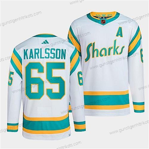 Herren San Jose Sharks #65 Erik Karlsson 2022 Rückseite Retro Strickerei Trikots – Weiß