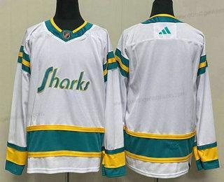 Herren San Jose Sharks Leer 2022 Rückseite Retro Strickerei Trikots – Weiß