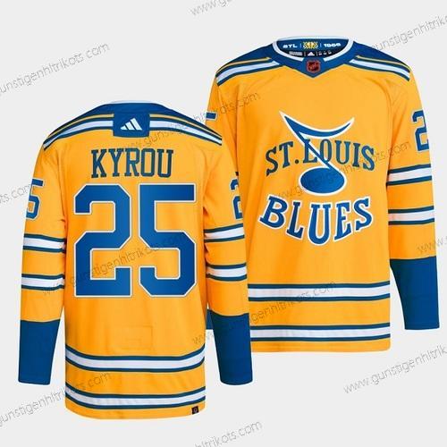 Herren St. Louis Blues #25 Jordan Kyrou 2022-23 Rückseite Retro Strickerei Trikots – Gelb