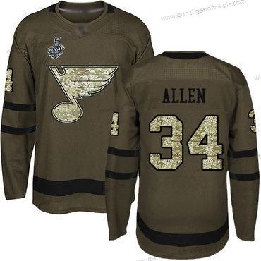 Herren St. Louis Blues #34 Jake Allen Salute to Service 2019 Stanley Cup Final Bound Strickerei Hockey Trikots – Grün