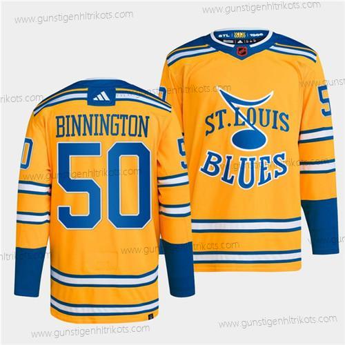 Herren St. Louis Blues #50 Jordan Binnington 2022-23 Rückseite Retro Strickerei Trikots – Gelb