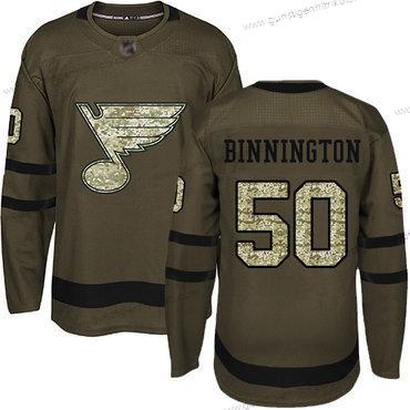 Herren St. Louis Blues #50 Jordan Binnington Salute to Service Strickerei Hockey Trikots – Grün