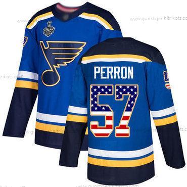 Herren St. Louis Blues #57 David Perron Heimtrikots Authentisch USA Flag 2019 Stanley Cup Final Bound Strickerei Hockey Trikots – Blau