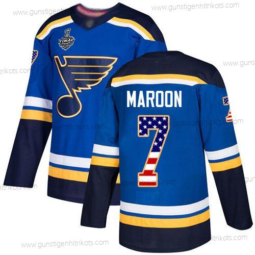 Herren St. Louis Blues #7 Patrick Maroon Heimtrikots Authentisch USA Flag 2019 Stanley Cup Final Bound Strickerei Hockey Trikots – Blau