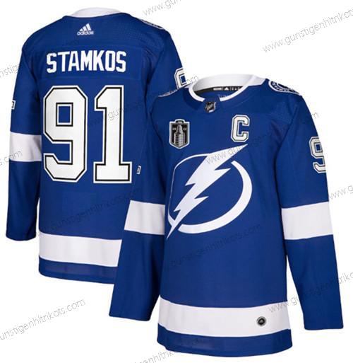 Herren Tampa Bay Lightning #91 Steven Stamkos 2022 Stanley Cup Final Patch Strickerei Trikots – Blau