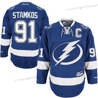 Herren Tampa Bay Lightning #91 Steven Stamkos Reebok Heimtrikots Captain Premier Trikots – Blau