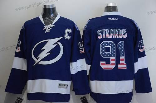 Herren Tampa Bay Lightning #91 Steven Stamkos USA Flag Trikots – Blau