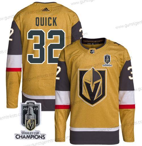 Herren Vegas Golden Knights #32 Jonathan Quick 2023 Stanley Cup Champions Strickerei Trikots – Gold