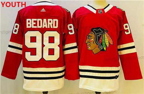 Jugend Chicago Blackhawks #98 Connor Bedard Strickerei Trikots – Rot Schwarz