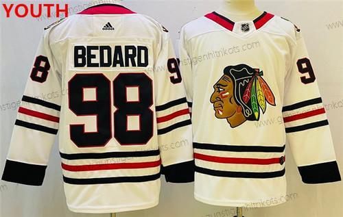 Jugend Chicago Blackhawks #98 Connor Bedard Strickerei Trikots – Weiß Schwarz