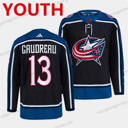 Jugend Columbus Blue Jackets #13 Johnny Gaudreau 2022 Rückseite Retro Strickerei Trikots – Marineblau