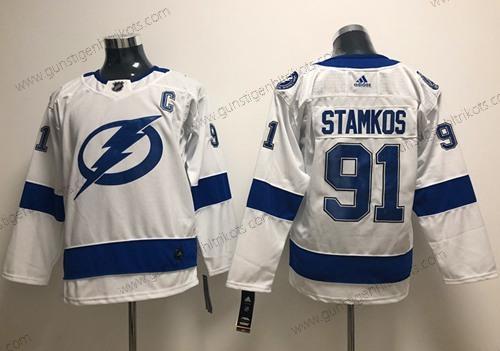 Jugend Tampa Bay Lightning #91 Steven Stamkos Road Authentisch Strickerei NHL Trikots – Weiß