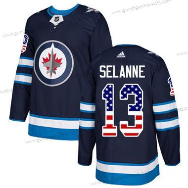 Jugend Winnipeg Jets #13 Teemu Selanne Heimtrikots Authentisch USA Flag Strickerei NHL Trikots – Marineblau Blau