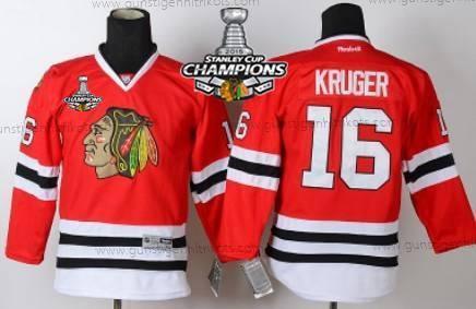 Kinder Chicago Blackhawks #16 Marcus Kruger Trikots W/2015 Stanley Cup Champion Patch – Rot