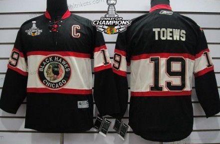 Kinder Chicago Blackhawks #19 Janathan Toews Ausweichtrikot Trikots W/2015 Stanley Cup Champion Patch – Schwarz