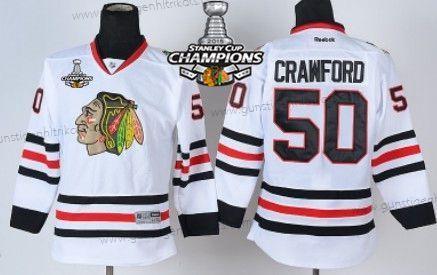 Kinder Chicago Blackhawks #50 Corey Crawford Trikots W/2015 Stanley Cup Champion Patch – Weiß