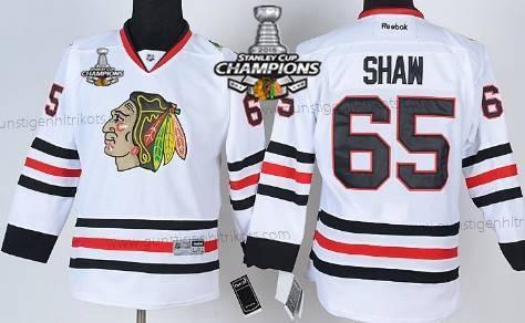 Kinder Chicago Blackhawks #65 Andrew Shaw Trikots W/2015 Stanley Cup Champion Patch – Weiß