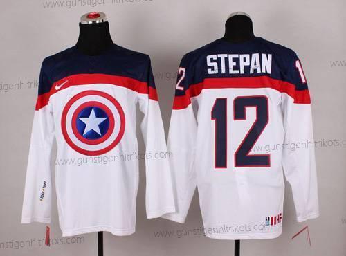 Nike Herren 2015 Team USA #12 Derek Stepan Captain Amerika Trikots – Weiß