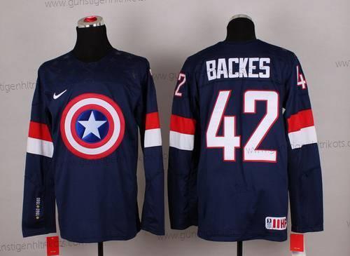 Nike Herren 2015 Team USA #42 David Backes Captain Amerika Trikots – Marineblau Blau