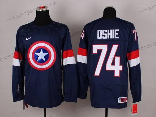 Nike Herren 2015 Team USA #74 T. J. Oshie Captain Amerika Trikots – Marineblau Blau