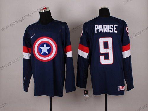 Nike Herren 2015 Team USA #9 Zach Parise Captain Amerika Trikots – Marineblau Blau