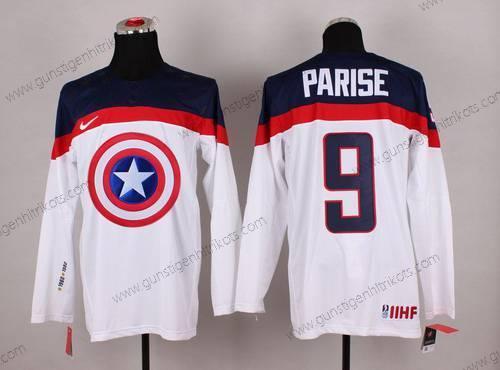 Nike Herren 2015 Team USA #9 Zach Parise Captain Amerika Trikots – Weiß