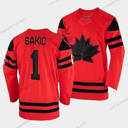 Nike Herren Kanada Hockey Joe Sakic 2022 Winter Olympic #1 Winner Trikots – Rot Gold